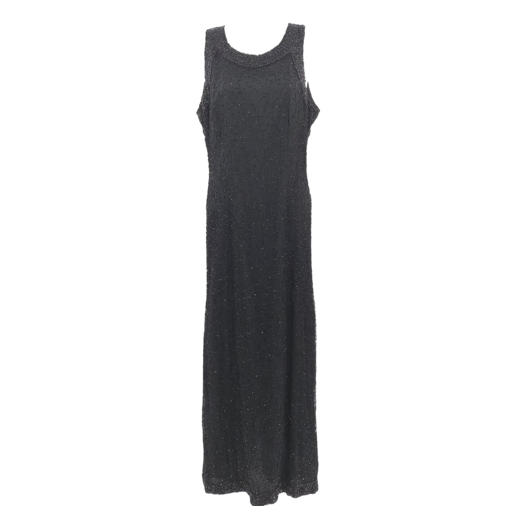 Laurence Kazar Beaded Silk Maxi Dress Women PM Black‎ Vintage Evening Gown